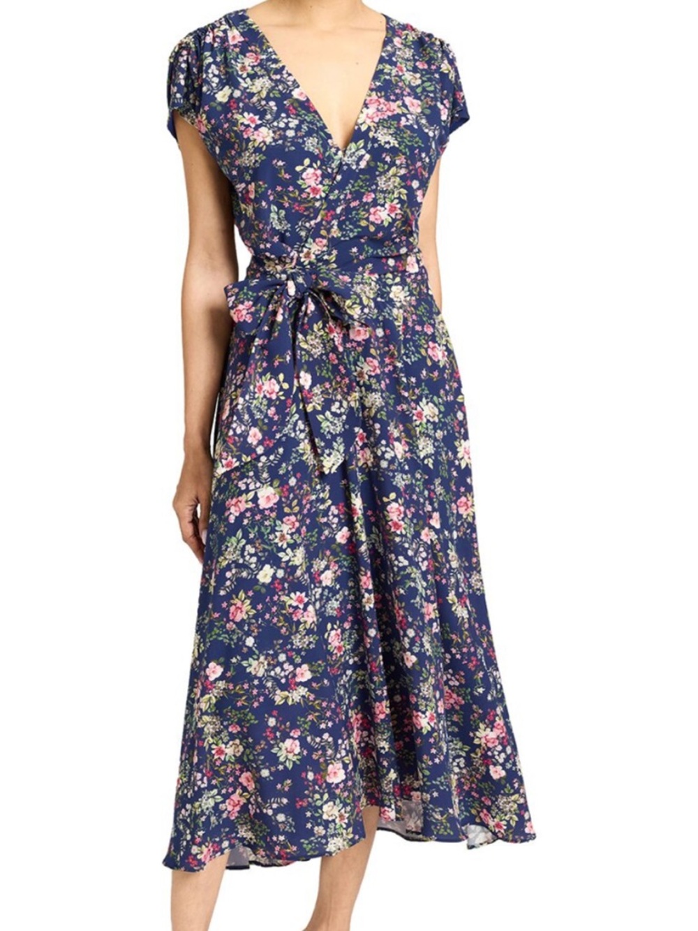Santorelli Navy Floral Wrap Midi Dress with Pink Accents